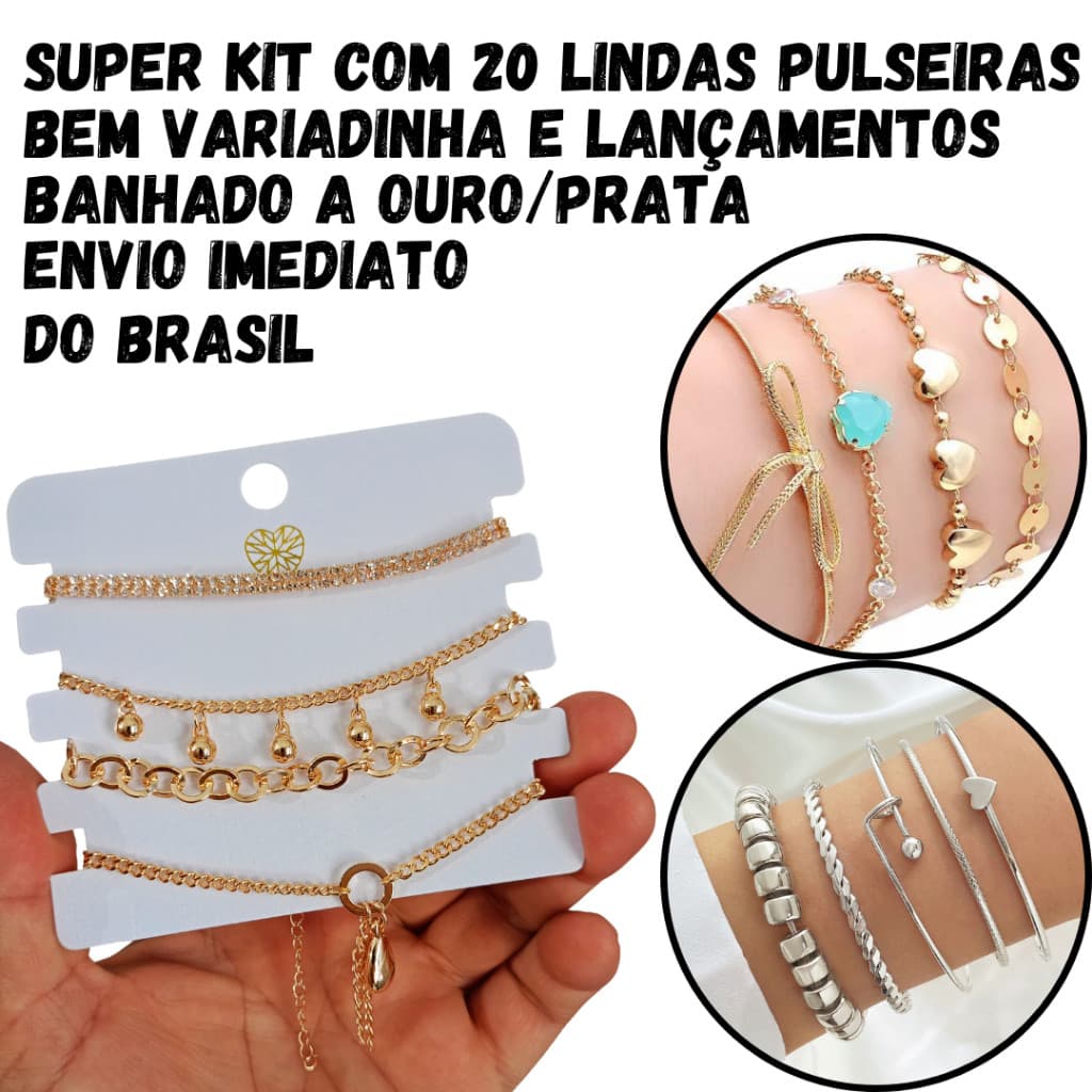 Kit C/ 20 Pulseiras Feminina Semi Joias Revenda Banhado a Ouro ou Prata ou Misto