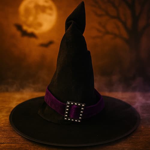 Chapéu Veludo Fantasia De Bruxa Luxo Com Fivela Strass Fita Decorativa Acessório Festa Halloween