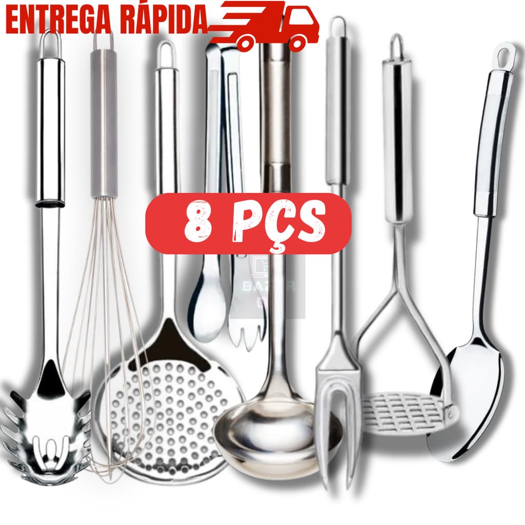 Jogo Completo De Utensílios Cozinha Conjunto Com 8 Peças Em Inox Kit  Concha Escumadeira Espátula
