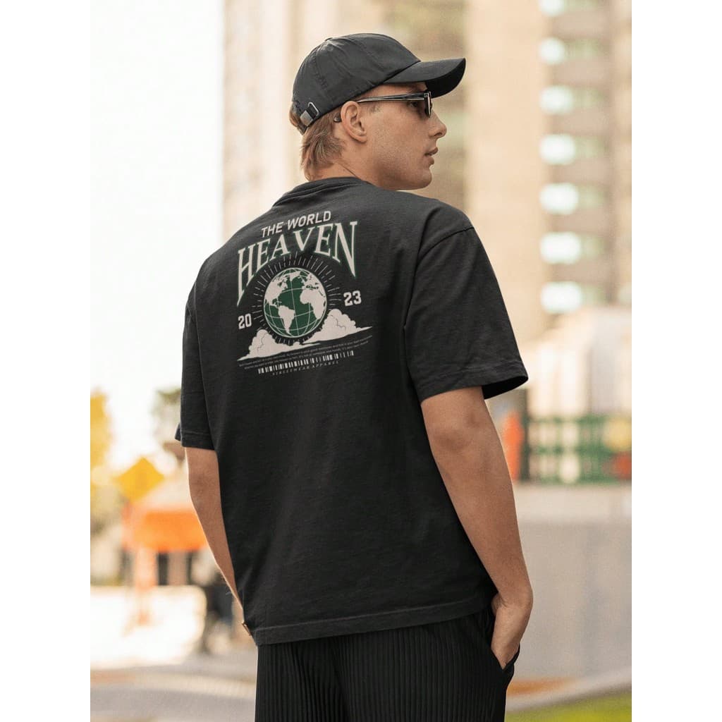 Camisa Camiseta Oversize Gola Alta Streetwear Masculino e Feminino Treino e Dia a Dia Preto e Off Whte Estampado HEAVEN