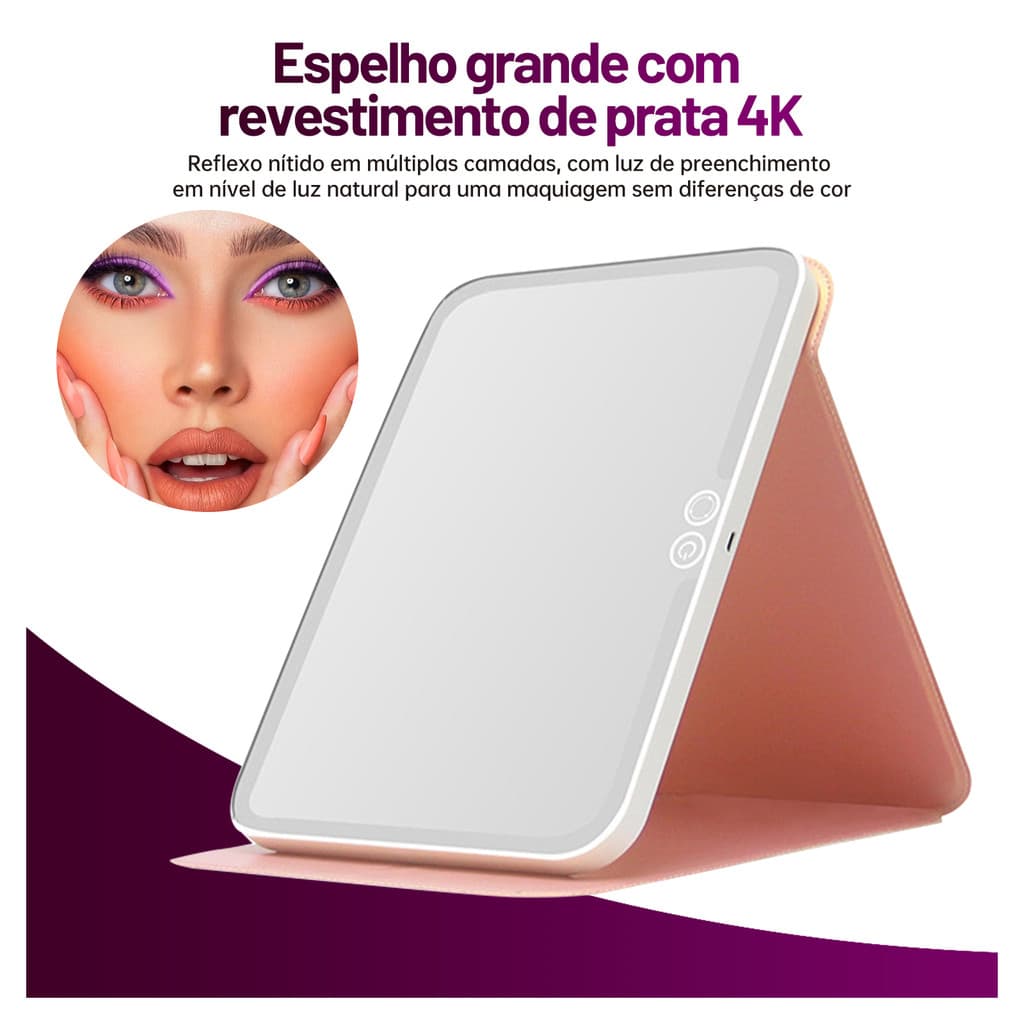 Espelho com Led para Maquiagem Capa de Couro Smart Mesa Dobrável Portátil Luz Ajustável Recarregável