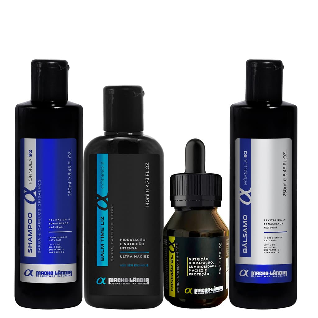 Kit Barba Branca Macho Lândia Fórmula 92 Balm Shampoo Bálsamo e Óleo para Barba Hidratação Matização Fios Grisalhos