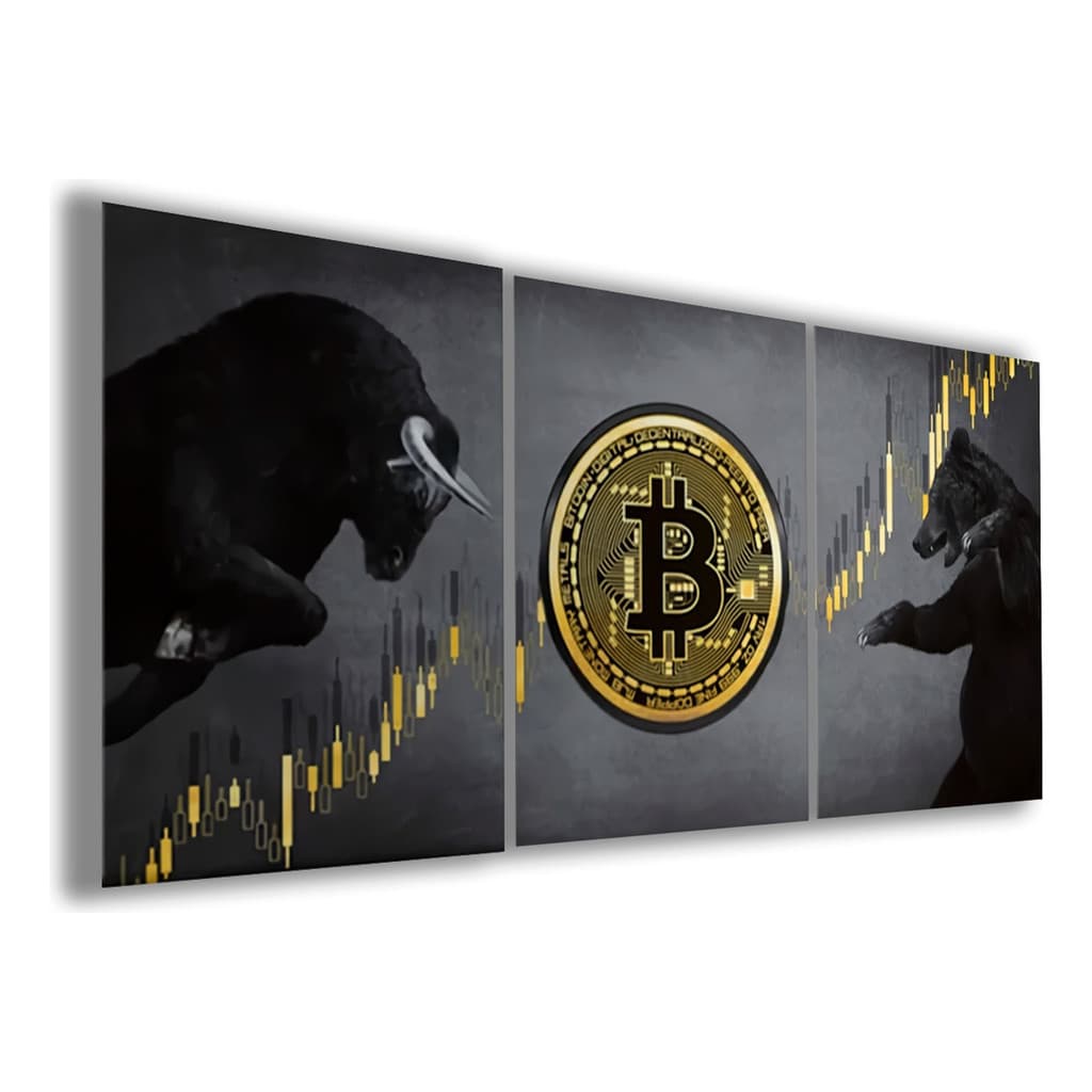 Kit 3 Quadros Decorativos Bitcoin Moeda Virtual Dinheiro Criptomoeda Mosaico Sala Quarto Escritório