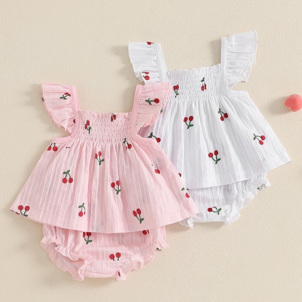 Conjunto De Shorts Para Bebês Meninas Com Estampa De Cereja E Manga Voadora , Babydoll , Cintura Elástica , Babados