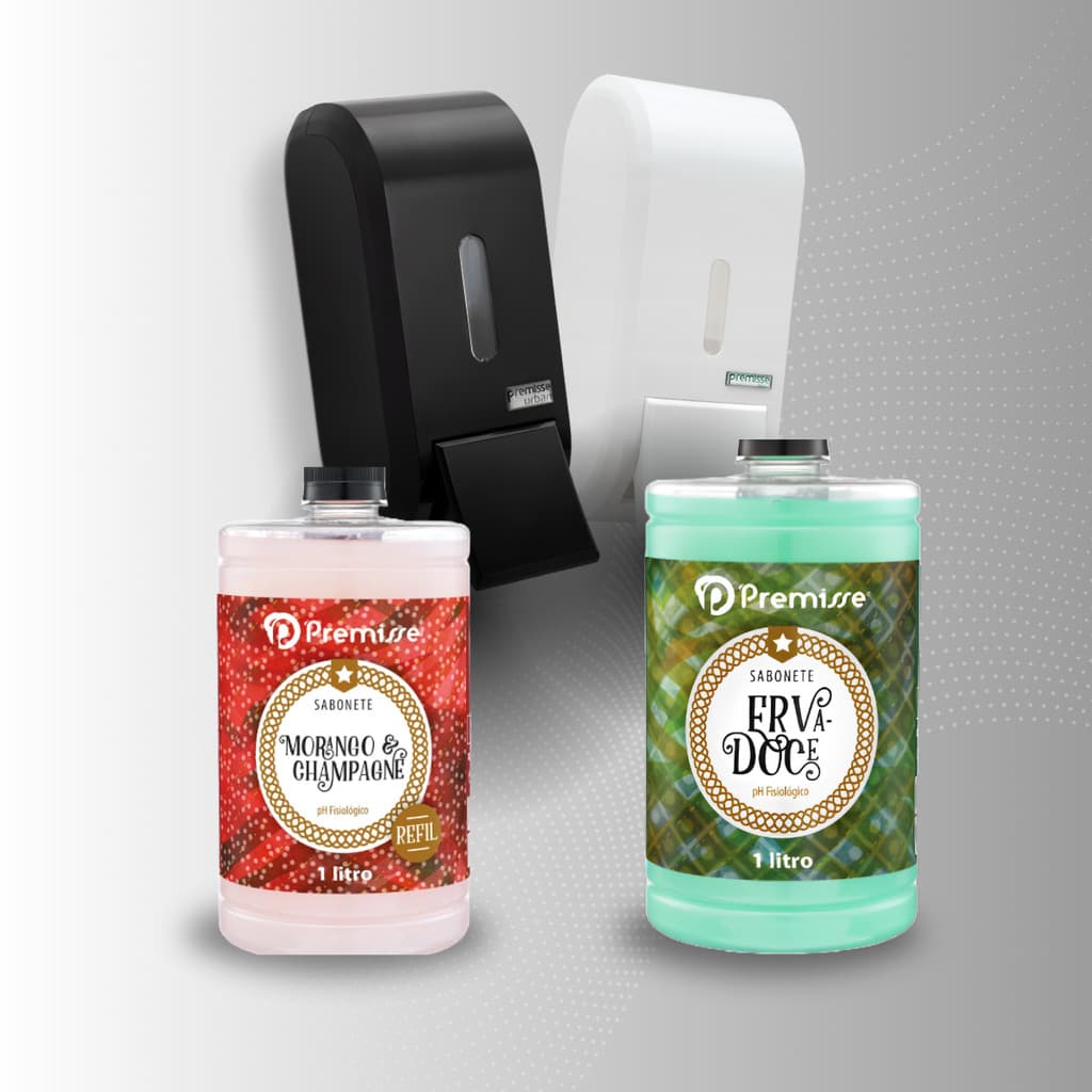 Kit Saboneteira Premisse com Sabonete Líquido 1L – Econômico, Compacto e Gourmet para Banheiro