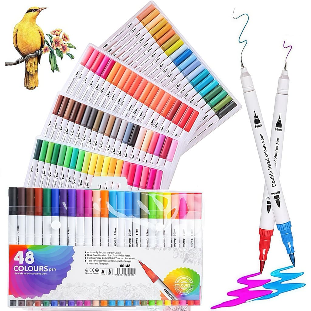 Kit 48 Cores Caneta 2 em 1 Brush Lettering e Ponta Fina Dual Pen Canetinha Colorir Desenho