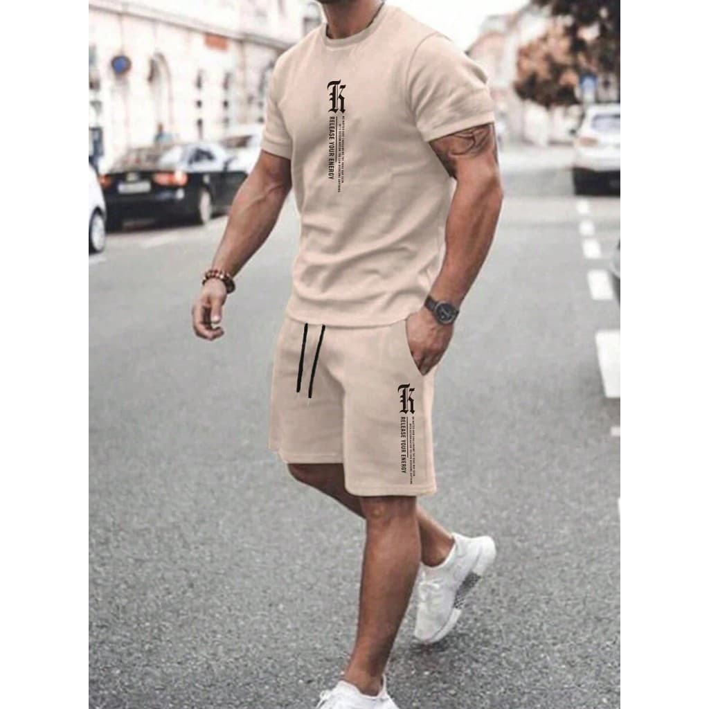Conjunto Casual de Verão, Camiseta com Estampa de Letra e Shorts, Conjunto de Shorts Masculino