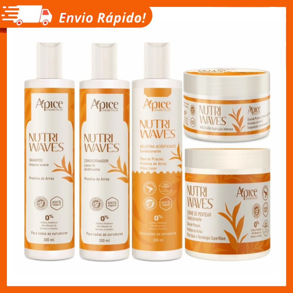 Kit Apse Apice Nutri Waves Tratamento Completo 5 Produtos Acidificante Capilar Vegano Diário - Apse