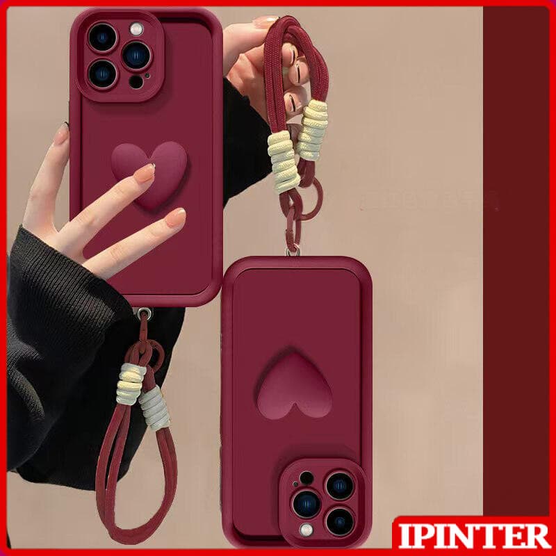Luxo 3D Amor Coração Fosco Macio Cordão Corda Caso Para iPhone Air 17 16 15 14 13 12 11 Pro Max Protetor Completo