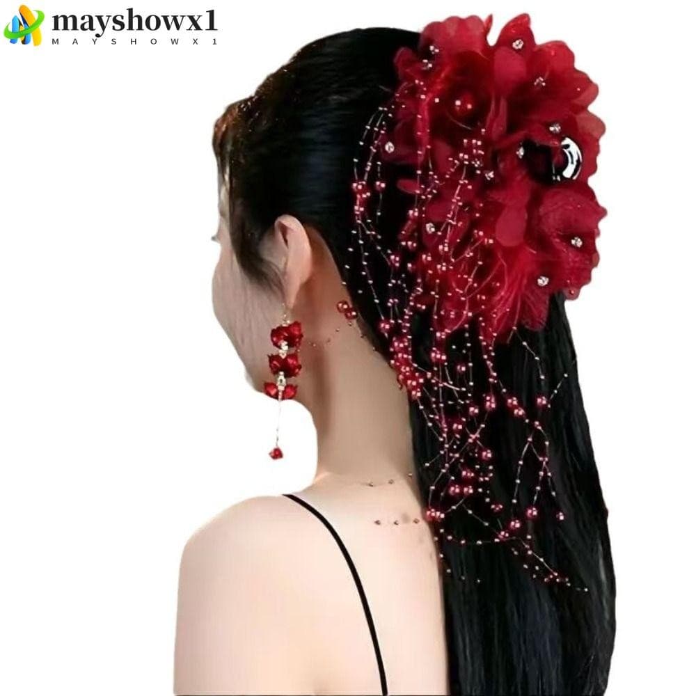 MAYSHOWX1 Clipe De Agarrar , Pérolas De Flores De Penas , Garra De Cabelo De Quatro , Acessórios Pano De Borla