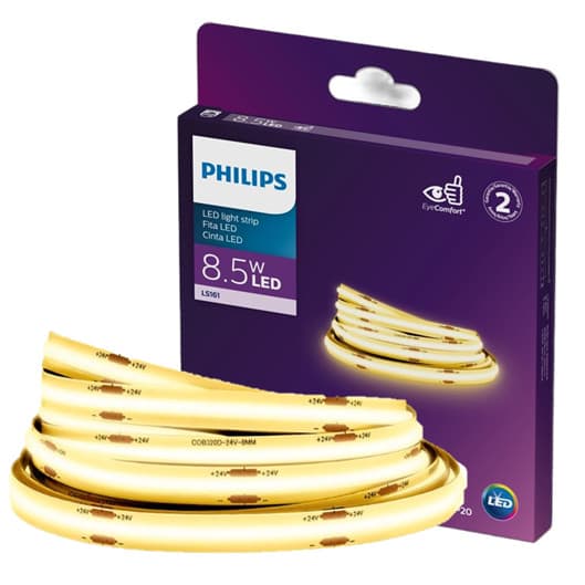 Fita Led Philips COB 5 Metros 8.5w 24v Luz Quente 3000k 720lm/m