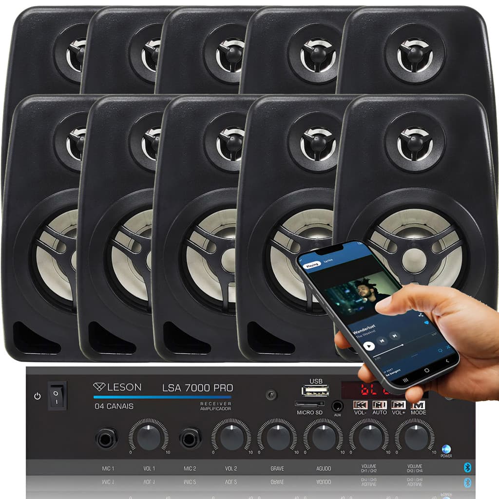 Kit Receiver Amplificador Som Ambiente Leson Orion Bluetooth Usb Aux 4Ch 2Mic + 10 Caixa de Parede com Suportes