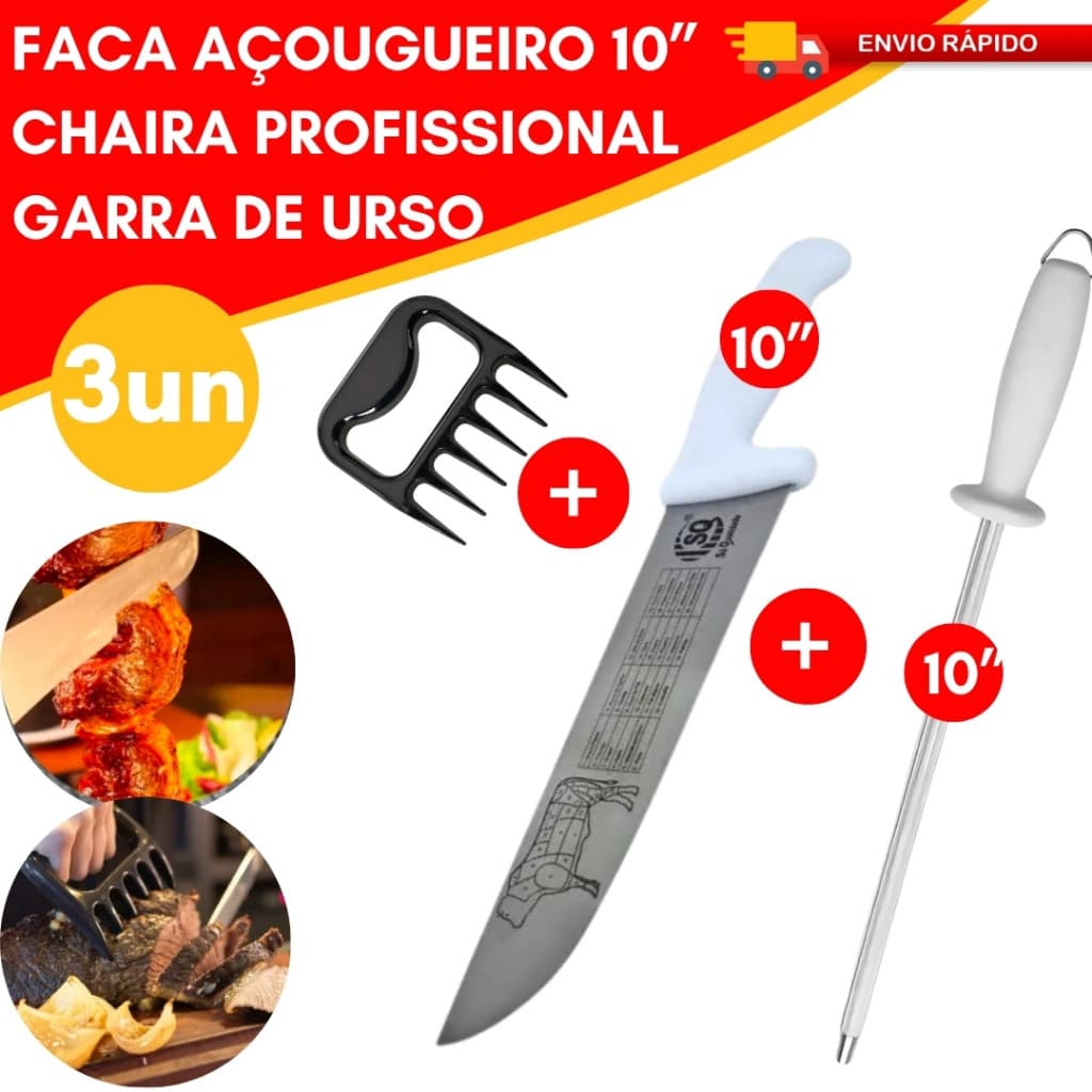 Kit Profissional Faca 10 Polegadas Chaira 10 Polegadas Garra de Urso Churrascaria Restaurante