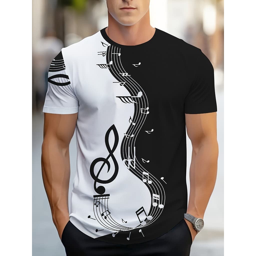 Camiseta Masculina Com Estampa De Nota De Guitarra – Casual Preto E Branco Manga Curta Top Roupas De Verão Musical