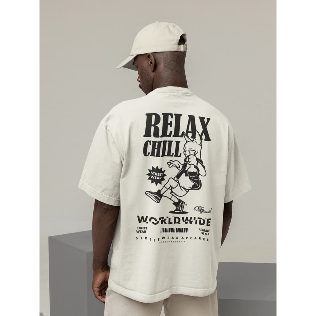 Camisa Camiseta Oversize Streetwear Masculino e Feminino Treino e Dia a Dia Preto e Off Whte Estampado - RELAX CHILL