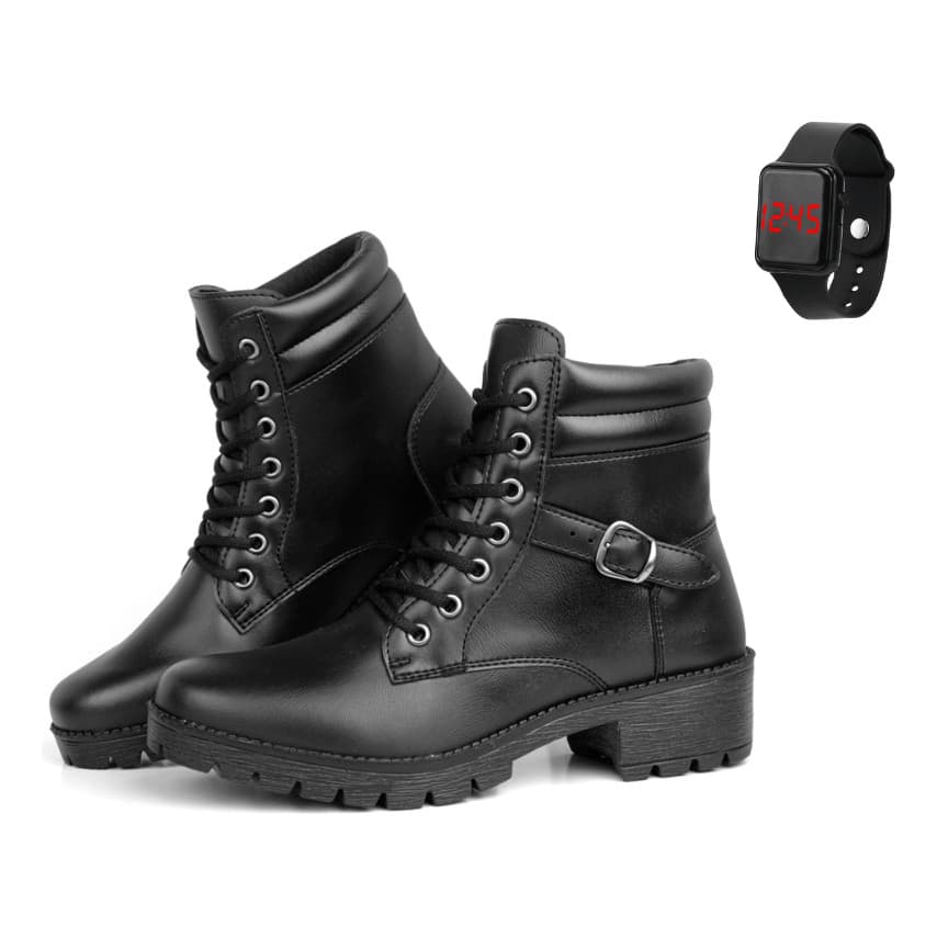 Kit Bota Coturno Feminina Tratorada Cano Baixo Salto Bloco