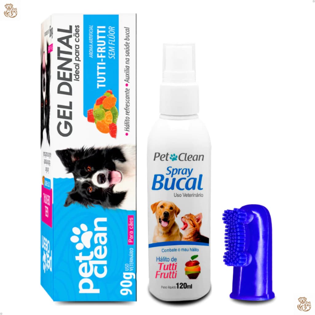 Kit Higiene Gel Pasta Dental 90g + Spray Bucal 120ml + Escova Dente Dedeira Cães e Gatos Pet Clean