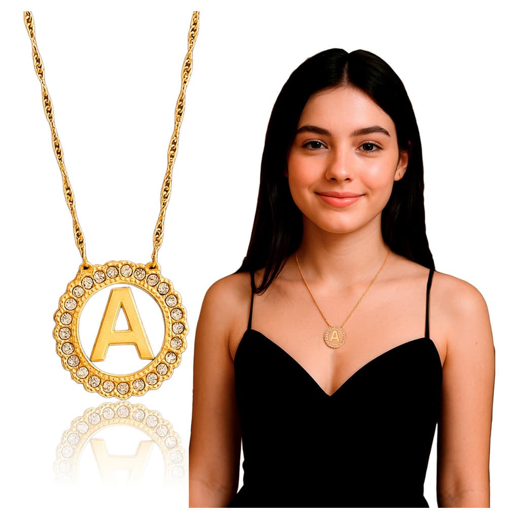 Colar Feminino Pingente Inicial Letras Pedra Folheado Á Ouro