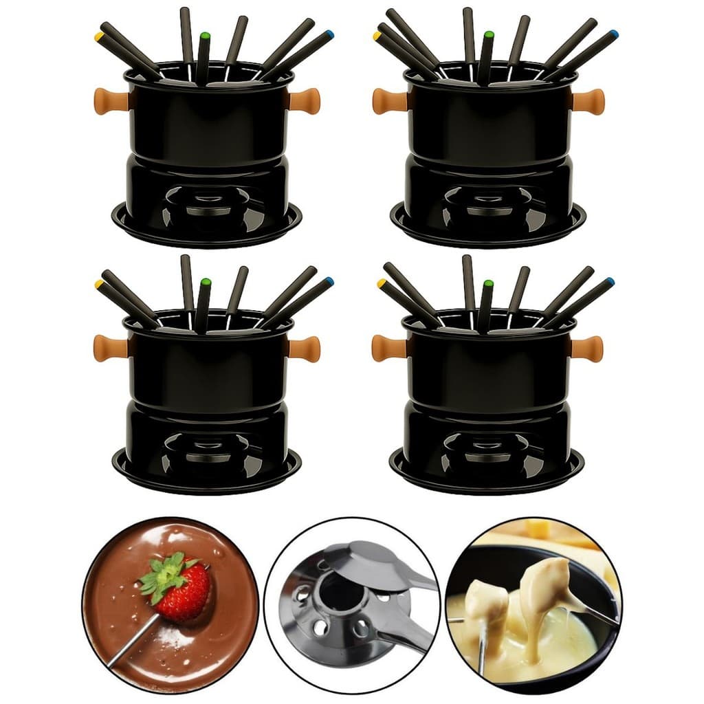 Kit 4 Fondue Aparelho Panela Aço 6 Pessoas Com 11 Peças Chocolate Carne Queijo Inverno Hauskraft