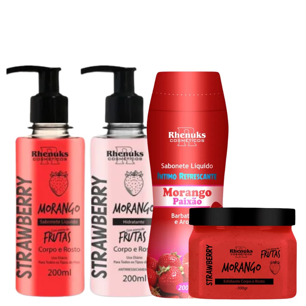 Kit Morango 4 Itens - Sabonete Íntimo + Hidratante + Sabonete Líquido + Esfoliante