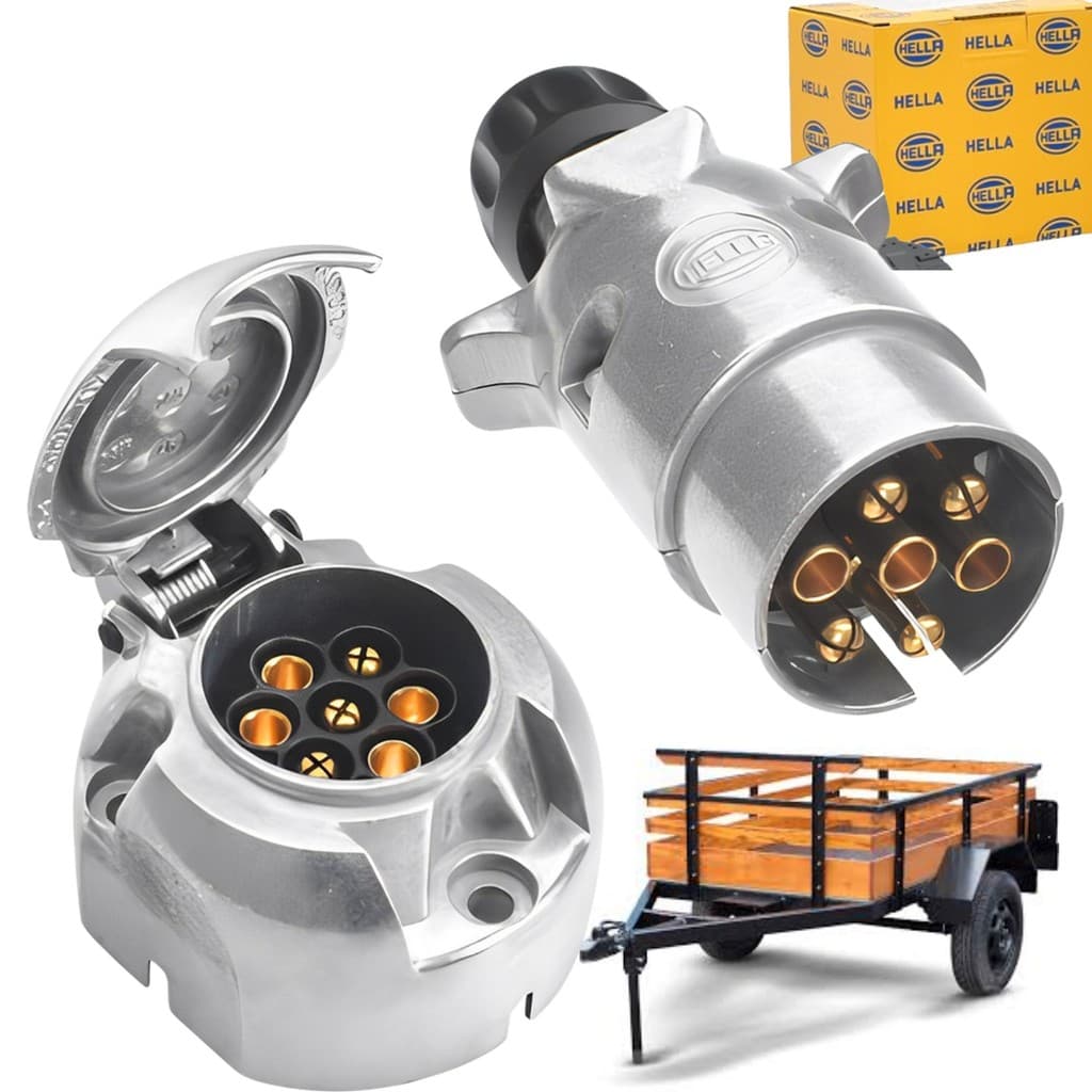 Kit Par Tomada Elétrica Engate Carretinha Redonda Metal Alumínio 7 Pólos (Hella 8JB001941002 8JA001918002)