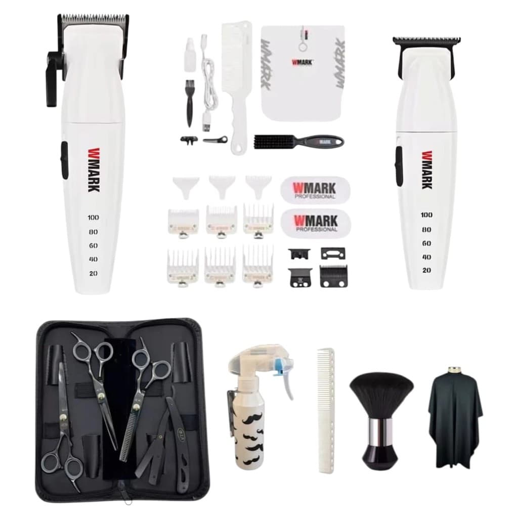 Kit Barbeiro Wmark Profissional Maquina De Cortar Cabelo Barba Branca Ng 2038 Ng 325 Tesouras Aço Inox Original Ng 8632