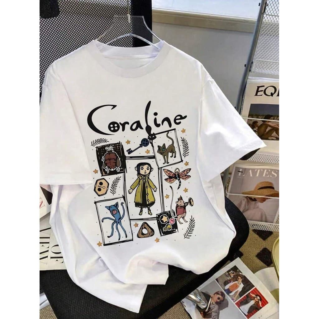 Camiseta  100% Algodão Feminina Coraline Aconchegante para Mulheres Casual Camisa T-shirt Branca verão