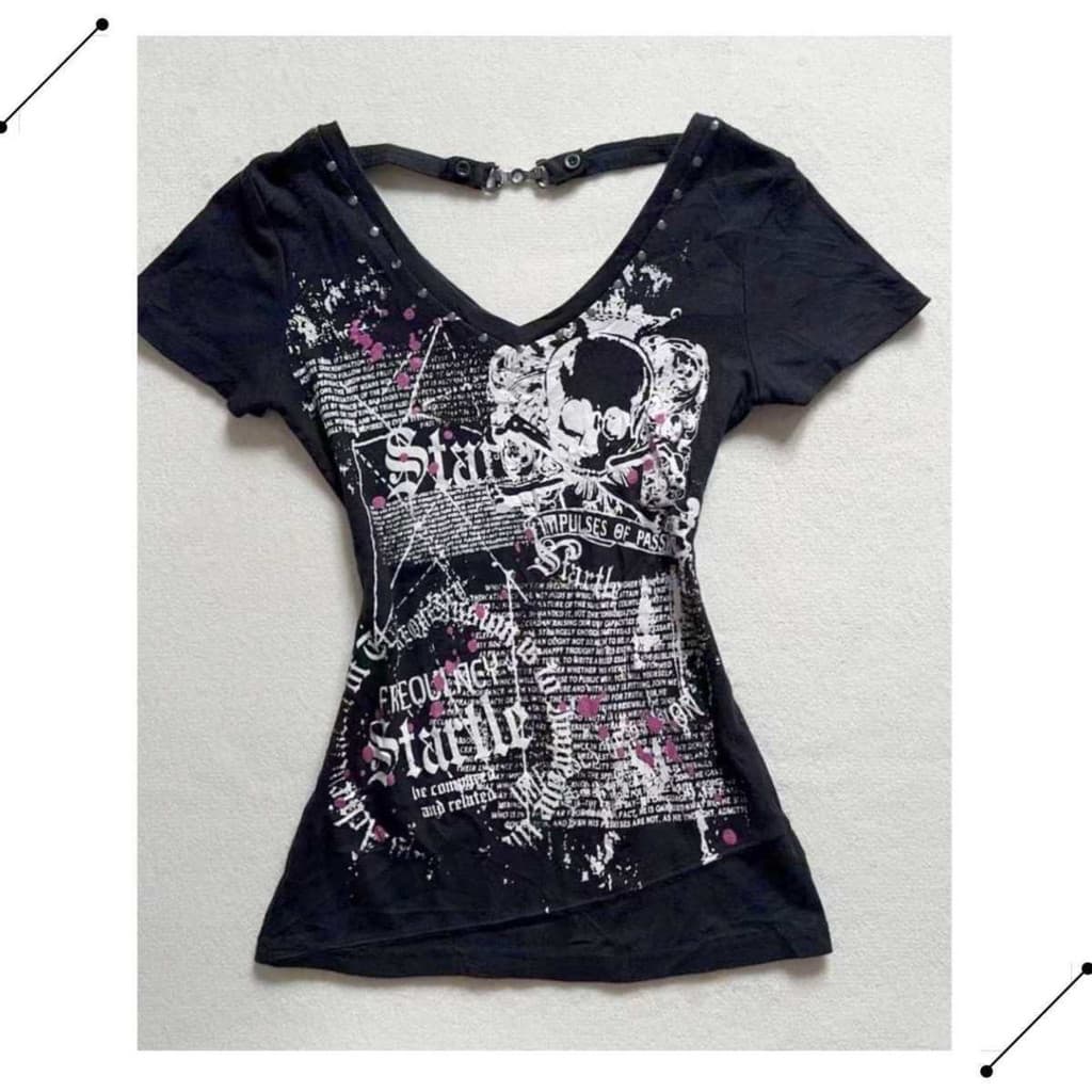 Camiseta Feminina Com Rebites Estampados Y2K Estilo Punk Vintage Manga Curta