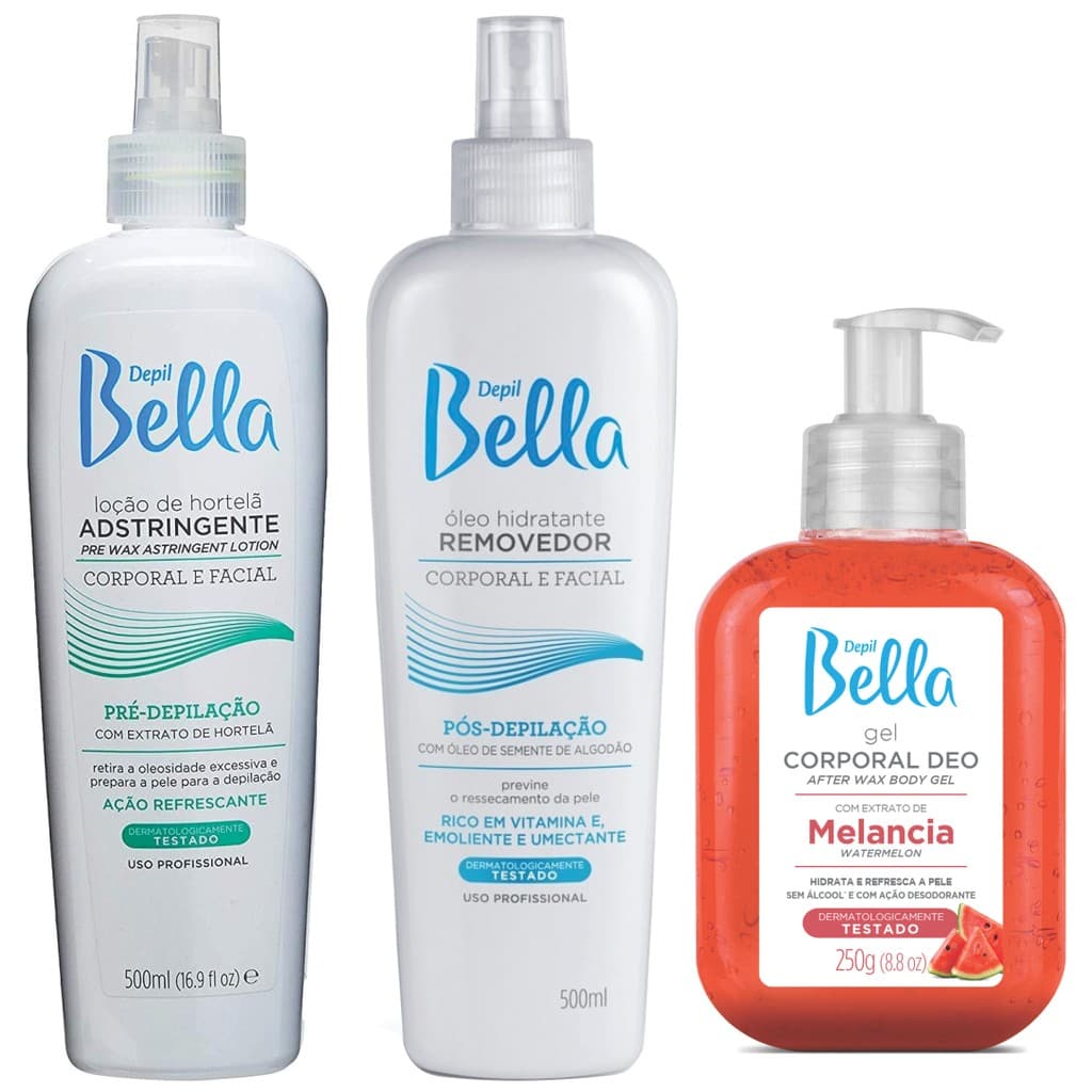Kit Depilação Adstringente 500ml + Óleo Algodão 500ml + Gel Calmante Corporal Melancia Depil Bella