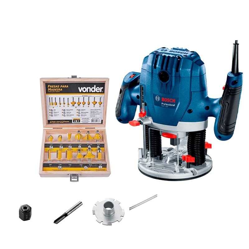 Tupia de Coluna Bosch 1300w GOF130 + Jogo de Fresas para Madeira 6mm com 12 Pecas Vonder - 220v