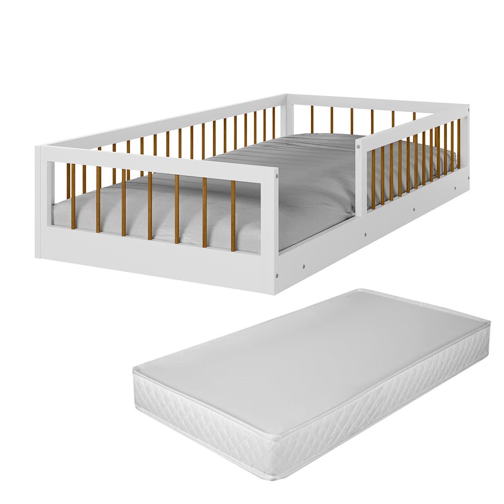 Cama Solteiro Montessoriana Infantil Ana Com Colchão Quarto Criança Berço Moderno Com Grade Lateral