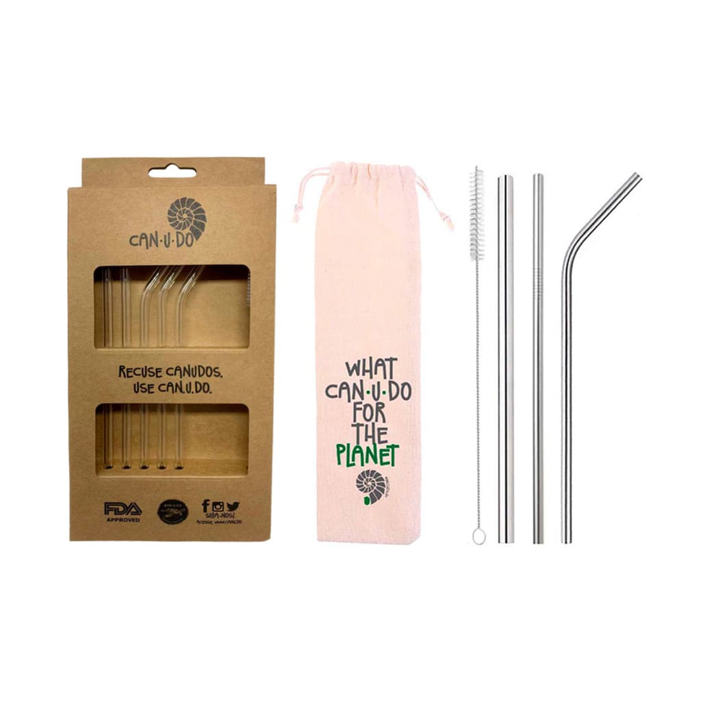 Kit Canudos Reutilizáveis – 3 Inox com Escova e Ecobag + 6 Vidro Borossilicato 6mm