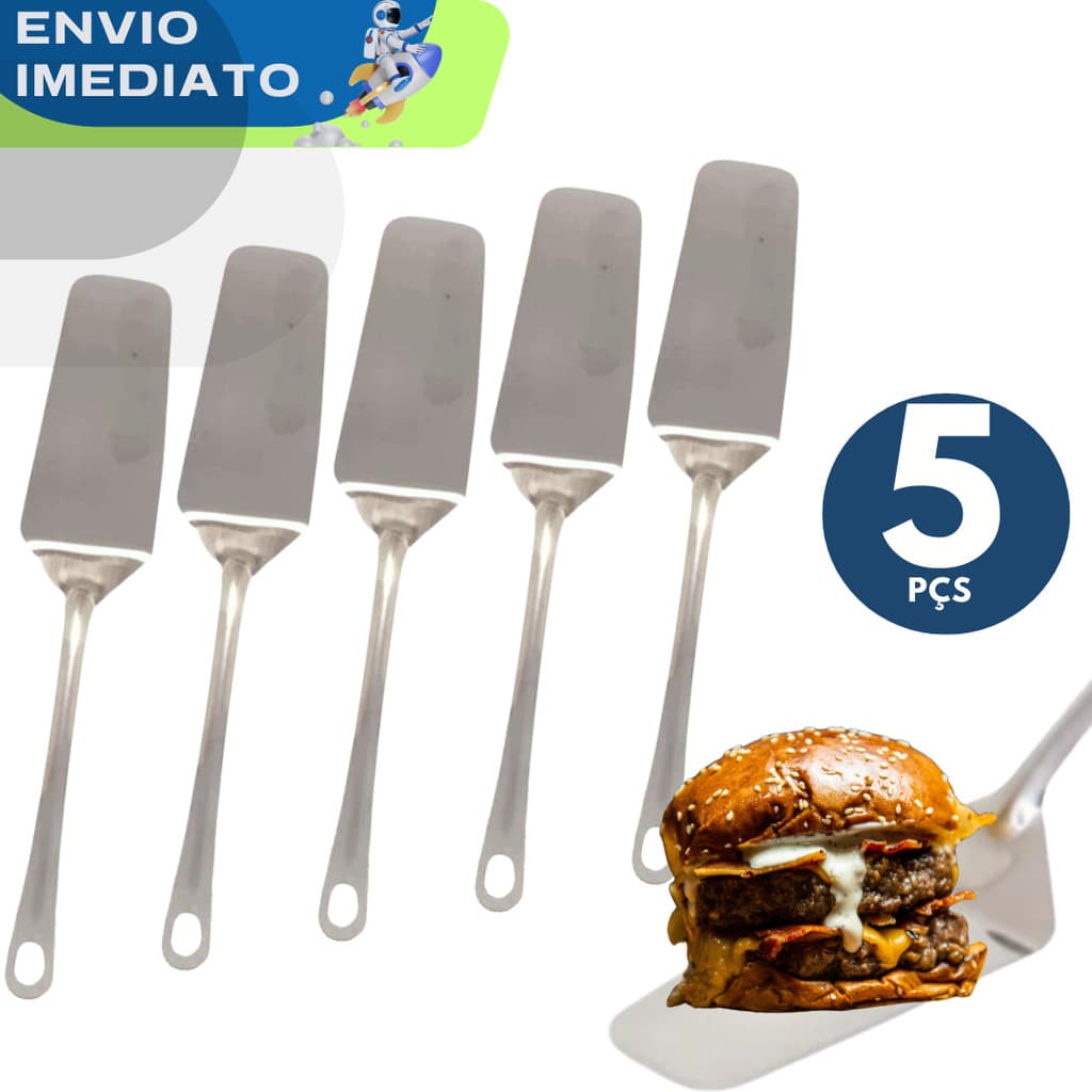 KIT 5 Espátula Reta Inox Qualidade Premium Utensílios Cozinha Lanche Lanchonete Bolo Lasanha Pizza Confeitaria Pegador