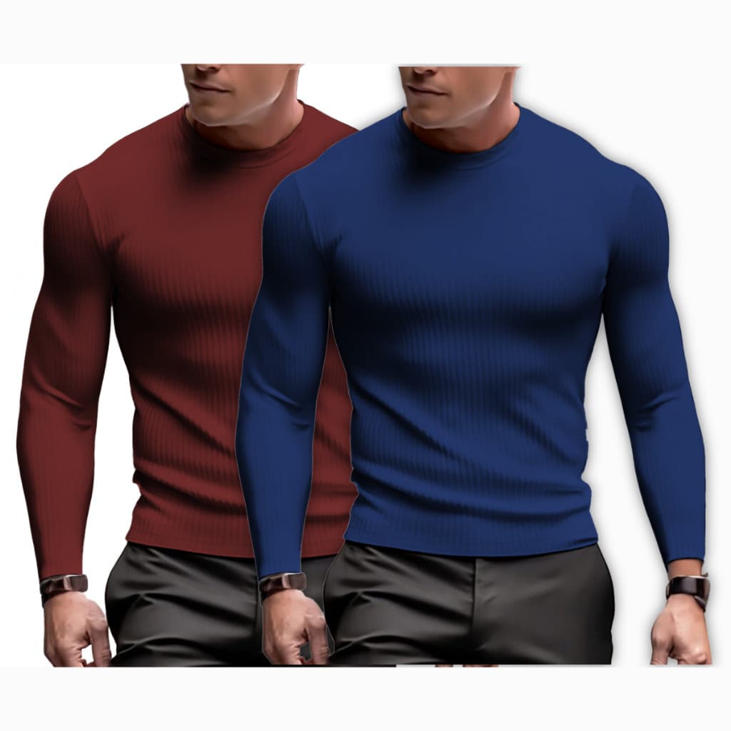 Kit 2 Camisetas Masculinas Manga Longa Malha Canelada Slim Gola Alta Blusa de Frio Inverno Térmica Premium