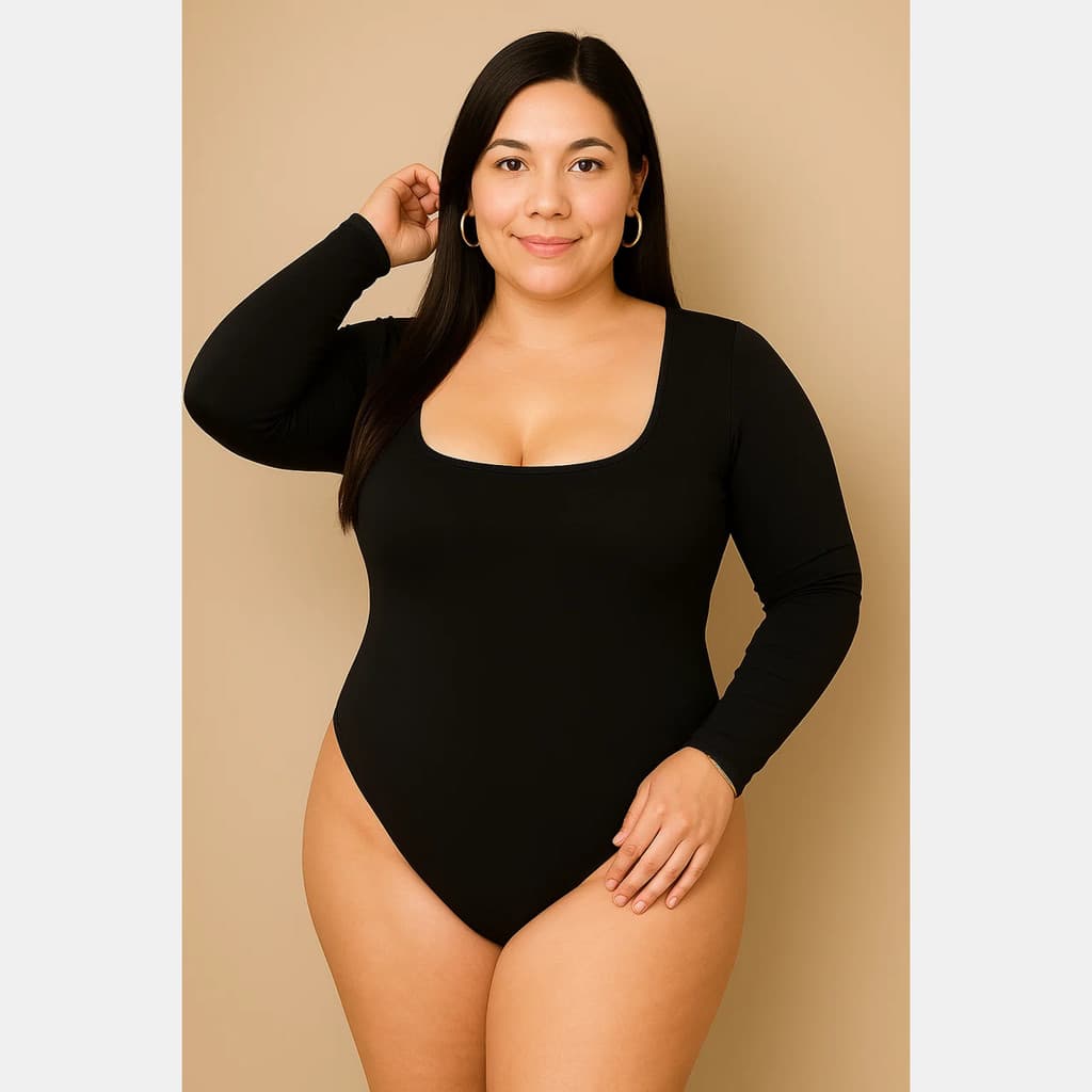 Body Plus Size Feminino Confortavel Suplex Decote Quadrado Bore Manga Longa