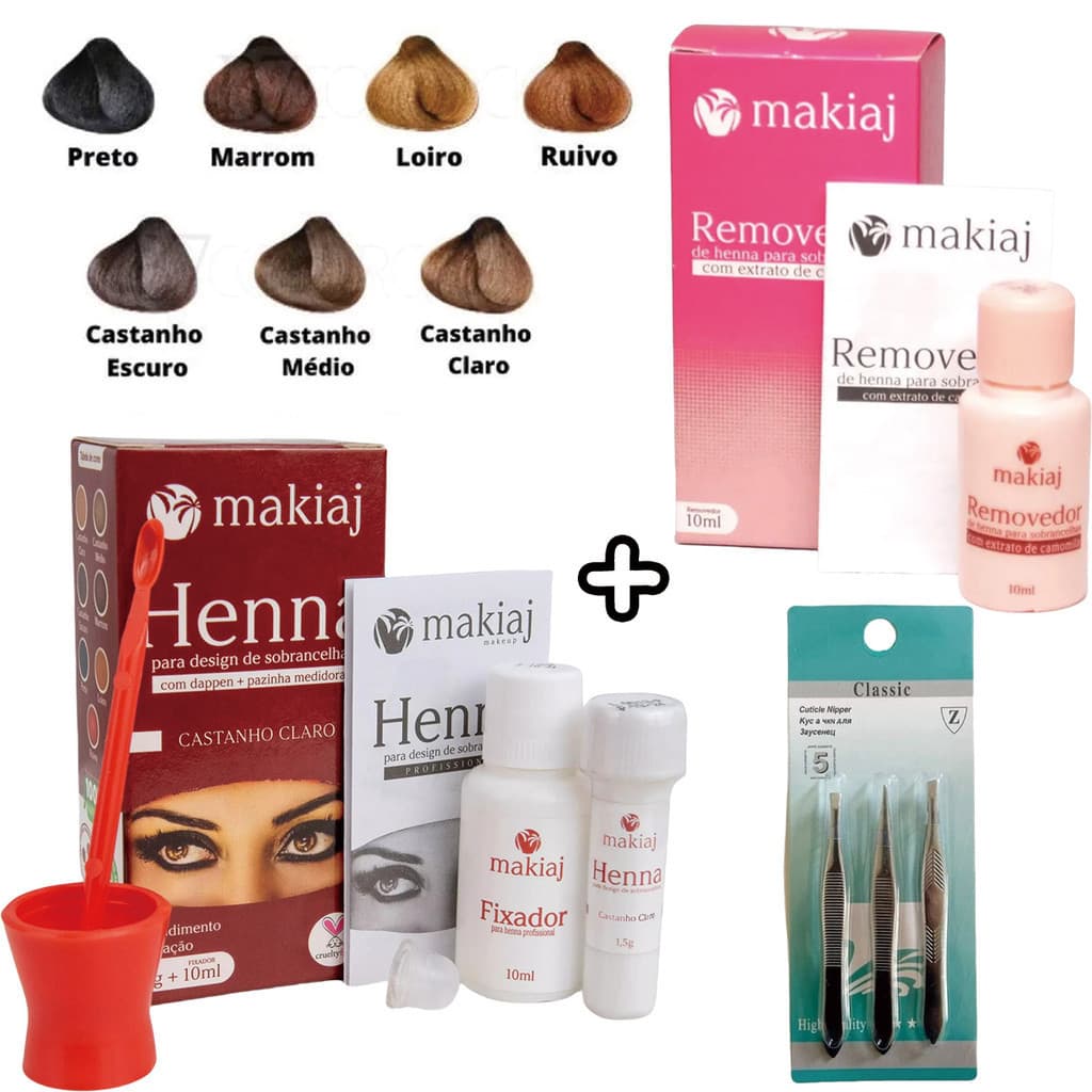 Kit Henna Makiaj 3 em 1 para Sobrancelha | Henna + Removedor + 3 Pinças Inox Profissionais
