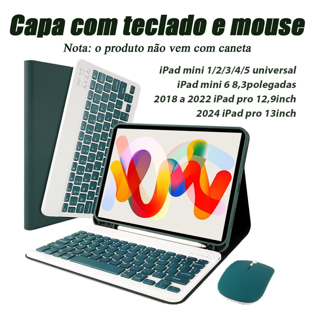 Capa com Teclado e mouse Para iPad mini 1/2/3/4/5/6, 2018 a 2022 iPad pro 12,9inch, iPad pro 13inch