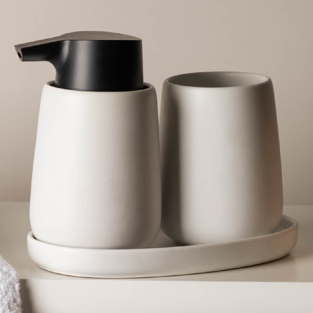 Jogo 3 Peças Wolff Oca Banheiro Requintado Luxo Branco com Preto Bancada Organização Casa Porta Escova Sabonete Bandeja