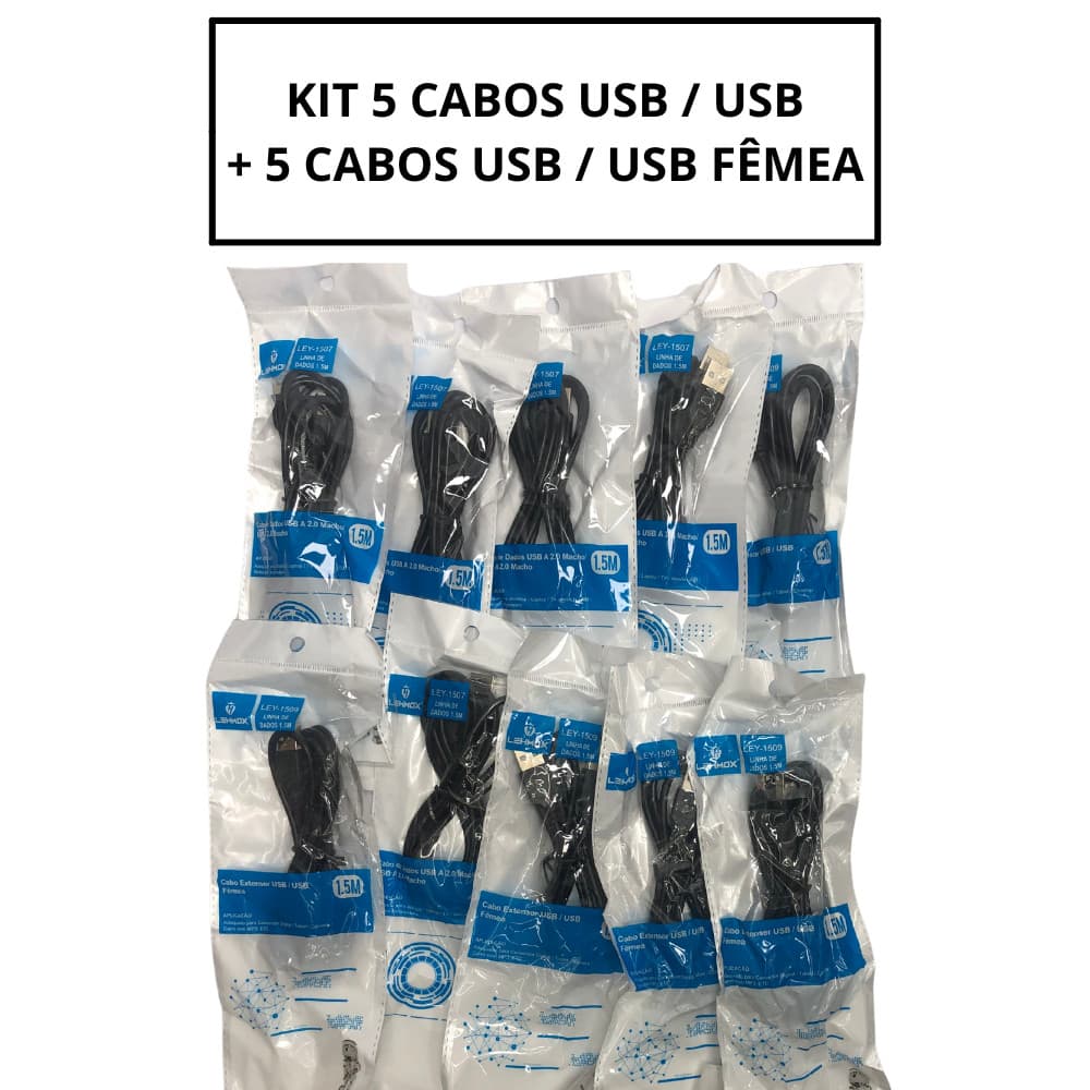 KIT 10 CABOS-  5 CABOS USB MACHO X MACHO + 5 CABOS USB MACHO X FEMEA LEHMOX