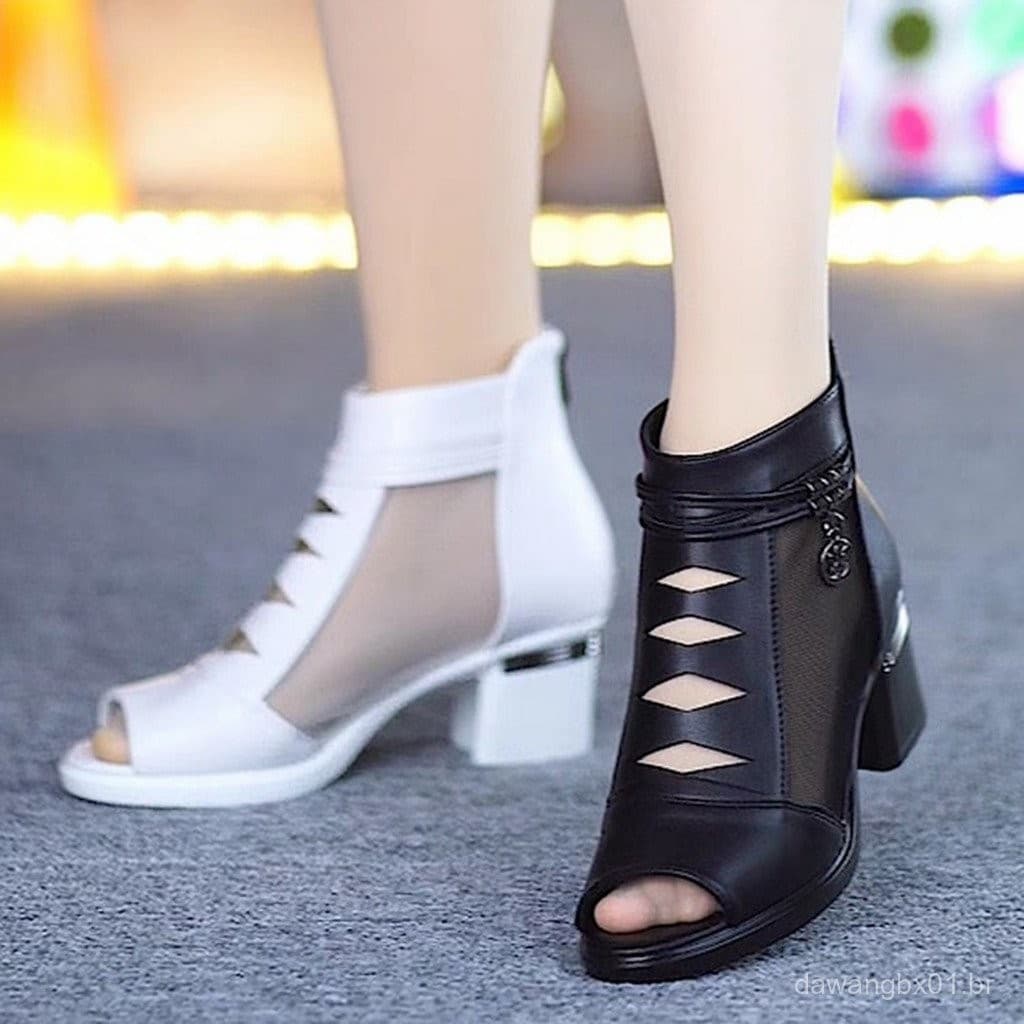 Sandálias de Salto Médio com Design Boca de Peixe, Solado Baixo, Novas em Couro Nubuck Elegante