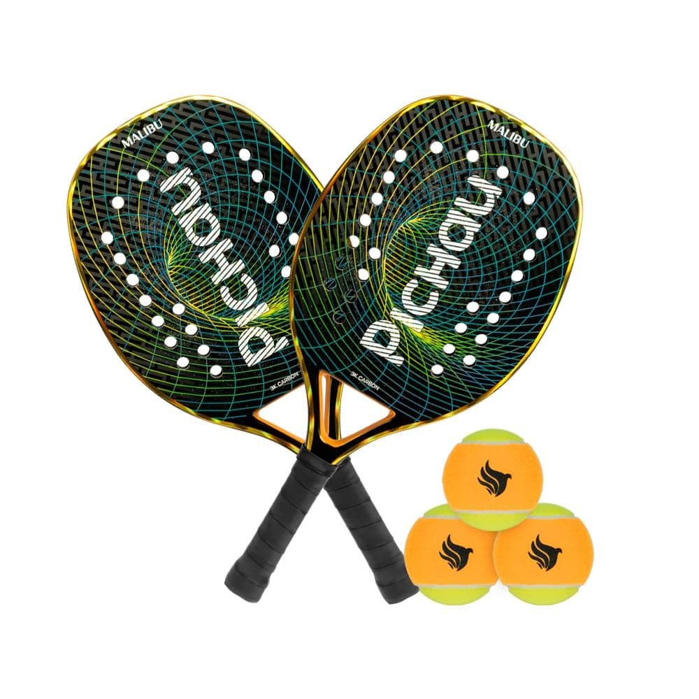 Kit Com 2 Raquetes de Beach Tennis Pichau Malibu 3K Carbon + Kit Bolas de Beach Tennis Pichau, Com 3 Unidades