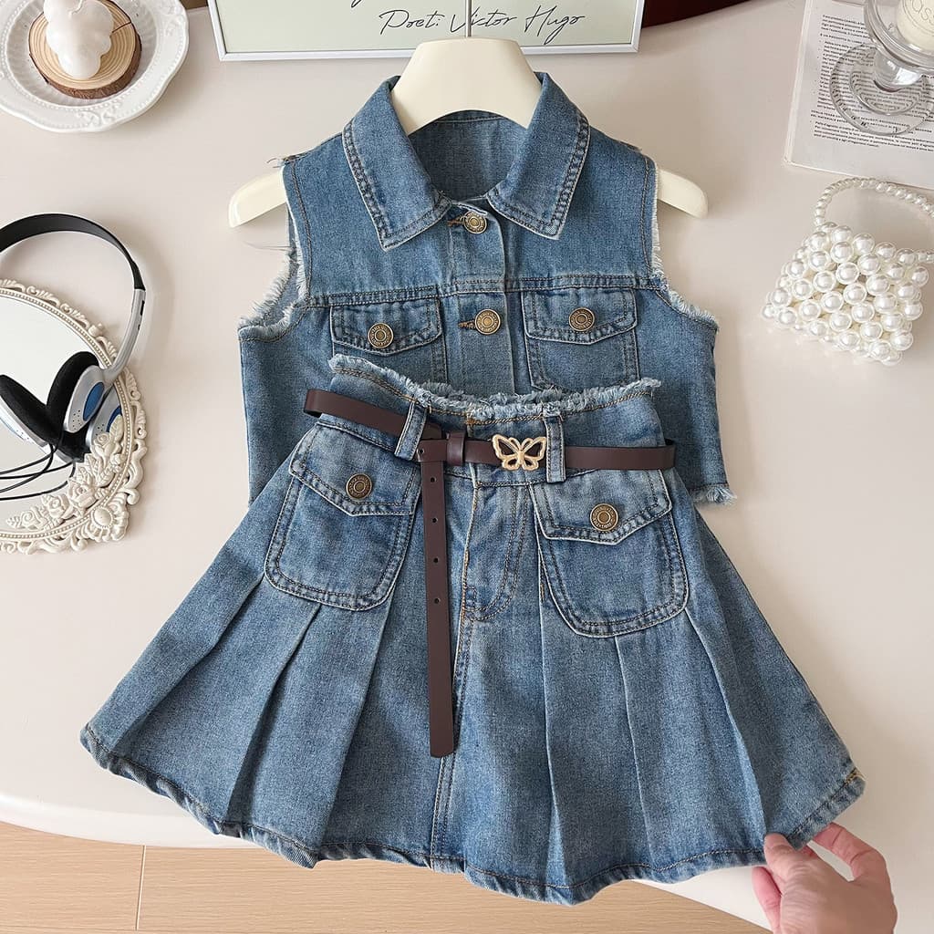 Menina coreana saia jeans terno menina bonito denim terno de duas peças
