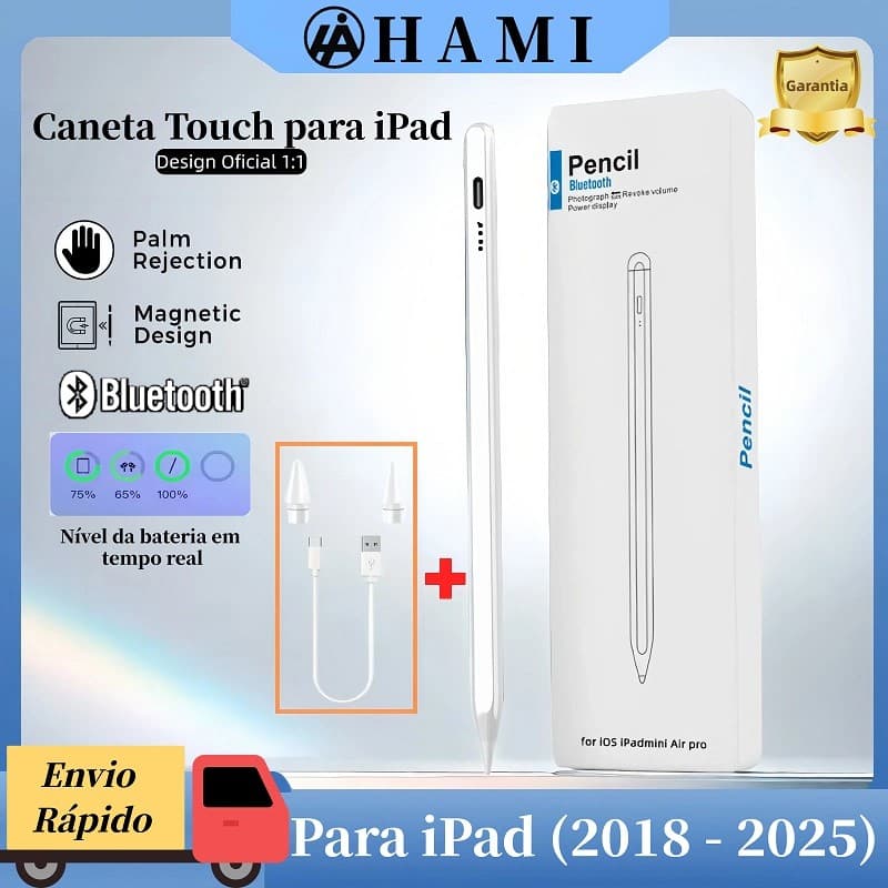 Caneta Touch 2ª Geração para iPad( 2018-2025 )– Alta Precisão, Palm Rejection, Sensível à Pressão
