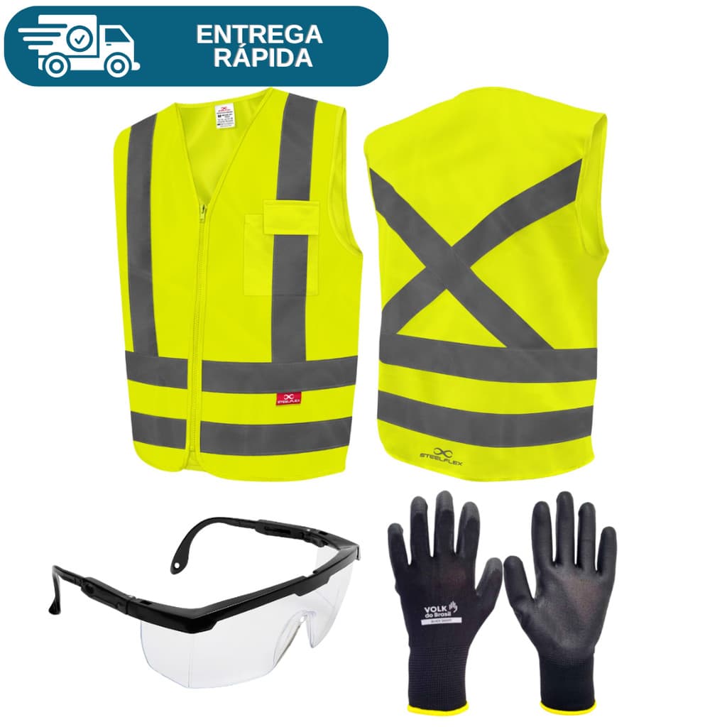 Kit Epi Entregador Mercado Colete Refletivo + Luva Multitato Pu + Óculos Rj Proteção Segurança
