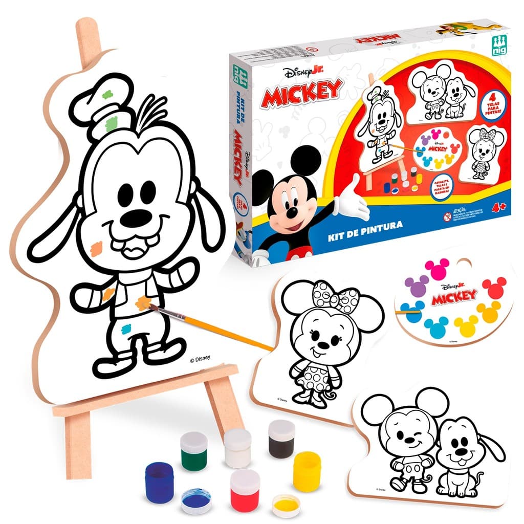 Kit Pintura Disney Mickey Mouse Artístico Infantil Com Cavalete Tela Ilustrada Paleta Tinta E Pincel Nig Brinquedos