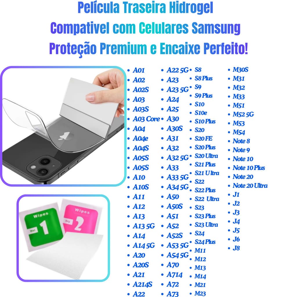 Película Traseira Hidrogel Compatível Sams S26 Ulta/S26/s26+/S25 Ultra/S25/S25 Fe/S25 Edge
