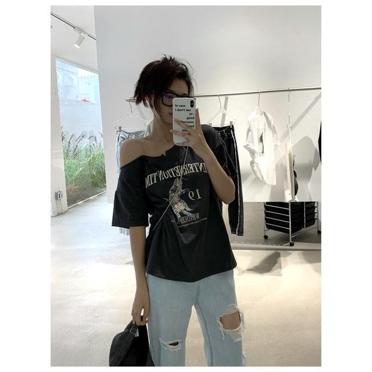 M-2XL Feminino Algodão Coreano Gola Assimétrica Estampa Manga Curta Camiseta Grande