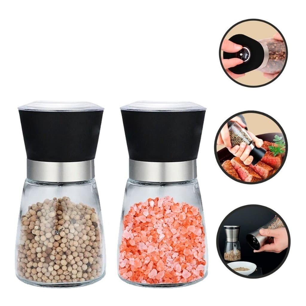 Kit 2 Moedor De Sal Pimenta Especiarias De Vidro Premium e Inox