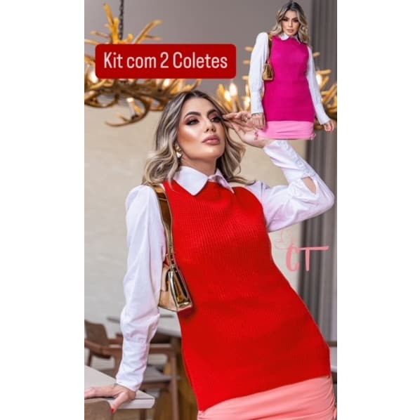 kit com 2 Coletes Regata Tricot Fang Moda Feminina Outono Inverno