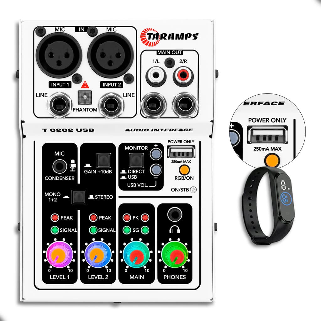 Mesa de Som Interface USB T0202 - BRANCA - 2 Canais RGB XLR P10 Phantom Power 48V Taramps